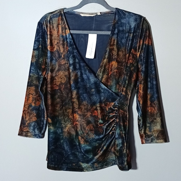 New Soft surroundings Brushed Velvet Brown Blue Multicolor Wrap Top Medium - Picture 2 of 10
